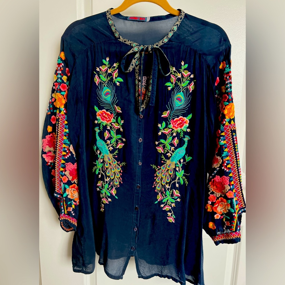 Johnny Was Exquisite Embroidered Blouse * Sz XXL * Navy *
